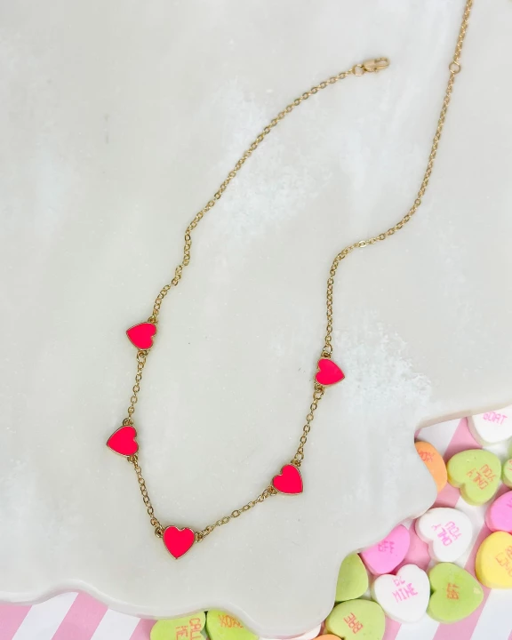 Classic Pink Heart Enamel Station Necklace