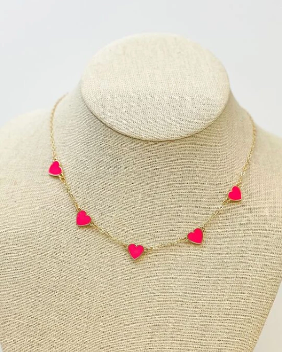 Classic Pink Heart Enamel Station Necklace