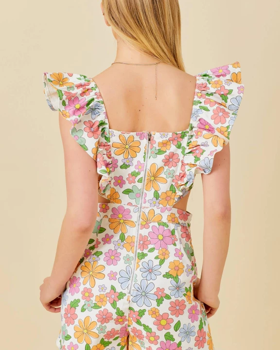 Floral Print Ruffle Shoulder Denim Causal Romper