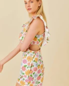 Floral Print Ruffle Shoulder Denim Causal Romper