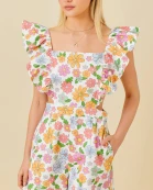 Floral Print Ruffle Shoulder Denim Causal Romper