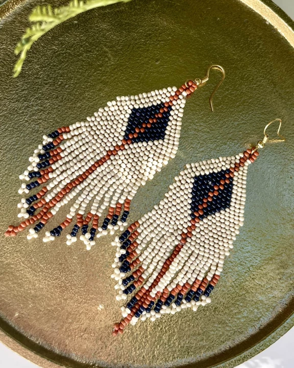 Riya Diamond & Stripe Seed Bead Fringe Boho Earrings