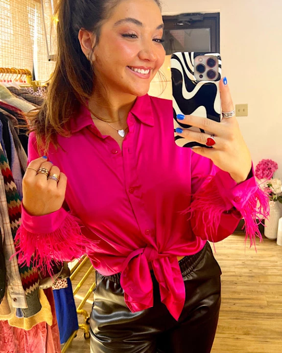 Sybil Feather Cuff Top in Pink - ETA 10/31