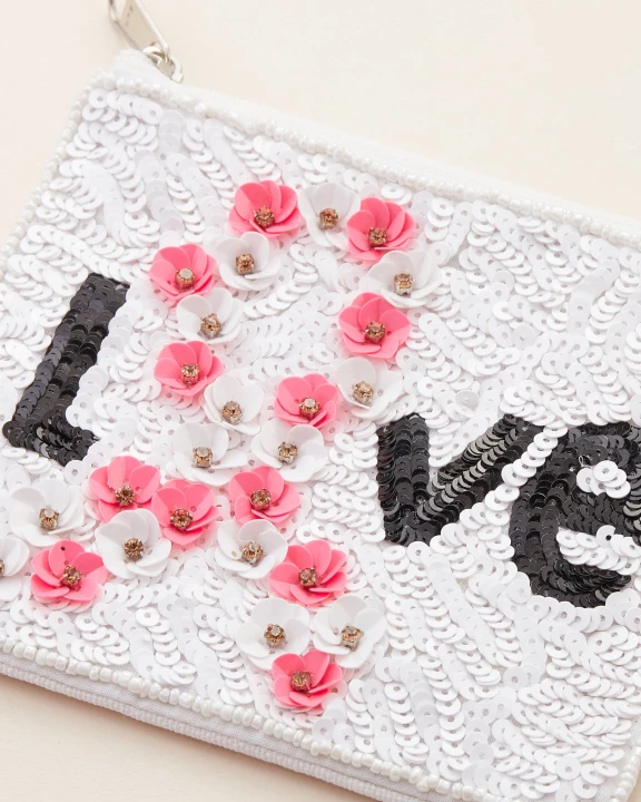 LOVE Pink Ribbon Seed Bead Canvas Pouch