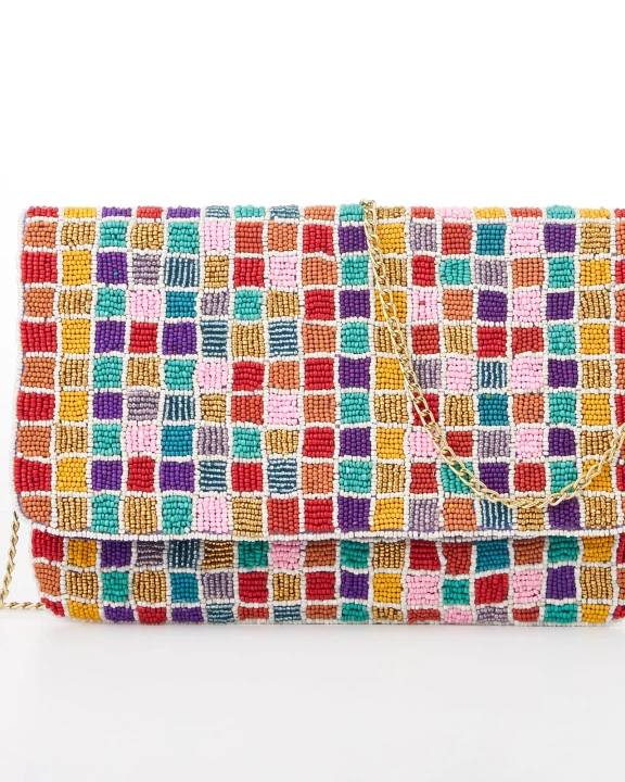 Multi Mini Squares Seed Beads Flap Clutch Bag