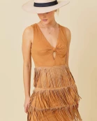 Western Stud Fringe Front Knot Suede Mini Dress
