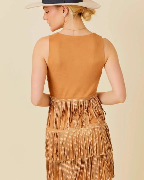 Western Stud Fringe Front Knot Suede Mini Dress