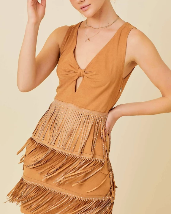 Western Stud Fringe Front Knot Suede Mini Dress