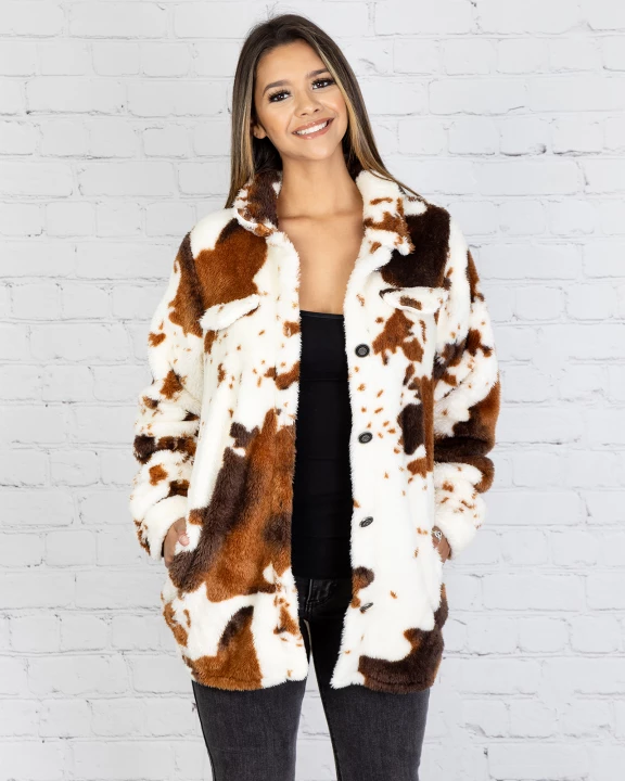 Cow Print Sherpa Shacket with Pockets