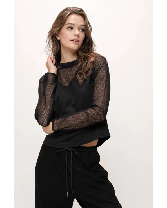 LONG MESH SLEEVE KNIT TOP