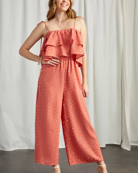 Dotted Ruffle Top Tie Strap Wide Leg Jumpsuit