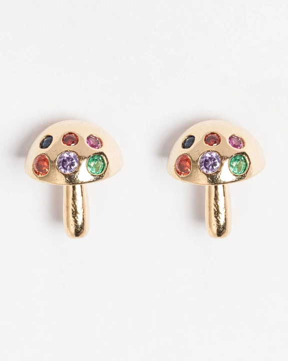 Gold Mushroom Stud Earrings with Colorful Stones