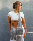 Gray Fringe Leather Sash Bag