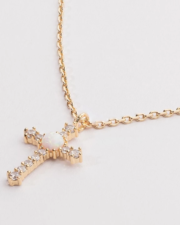 Gold Cross Necklace with Opal and Crystals