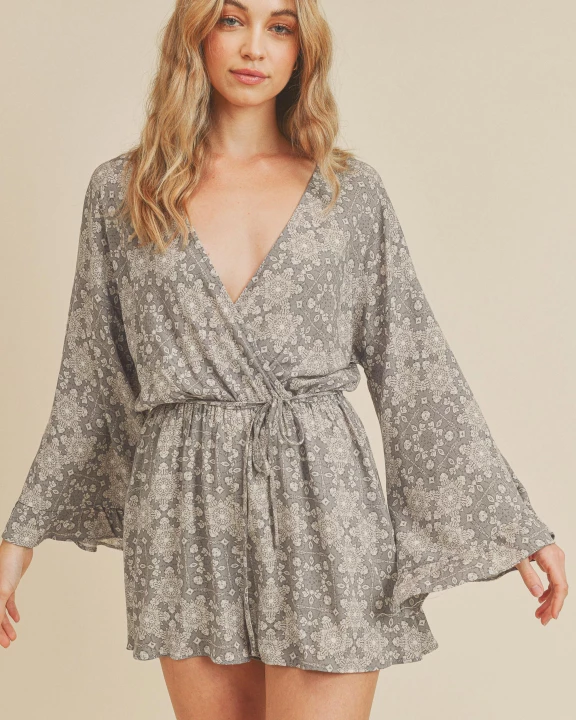 Wide Long Sleeve Surplice Romper
