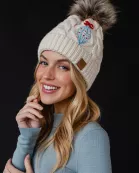 Beige Cable Knit Pom Hat with Embroidered Ornament