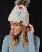 Beige Cable Knit Pom Hat with Embroidered Ornament