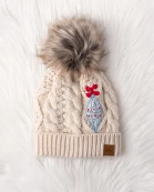 Beige Cable Knit Pom Hat with Embroidered Ornament