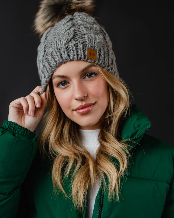 Gray Cable Knit Pom Hat