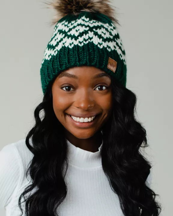 Dark Teal & White Patterned Pom Hat