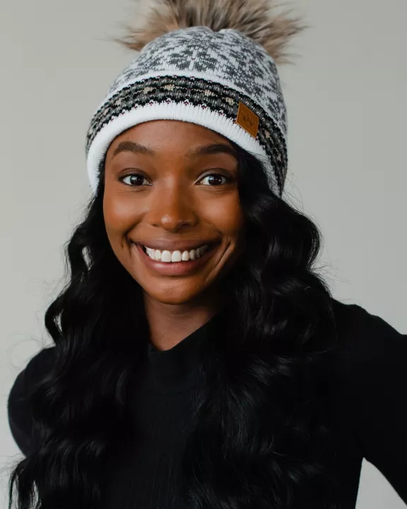 White, Gray & Burgundy Patterned Pom Hat