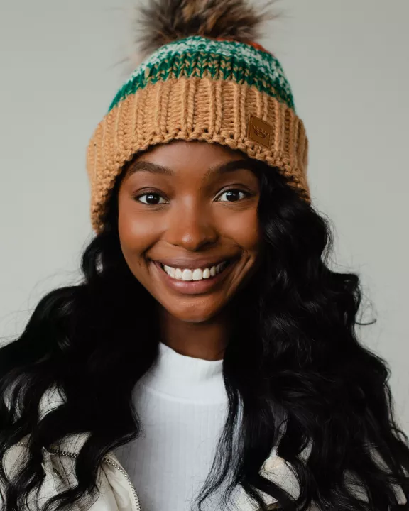 Camel, Green & Orange Patterned Pom Hat