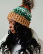 Camel, Green & Orange Patterned Pom Hat