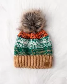 Camel, Green & Orange Patterned Pom Hat