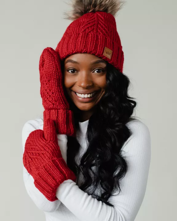 Red Decorative Cable Knit Pom Hat