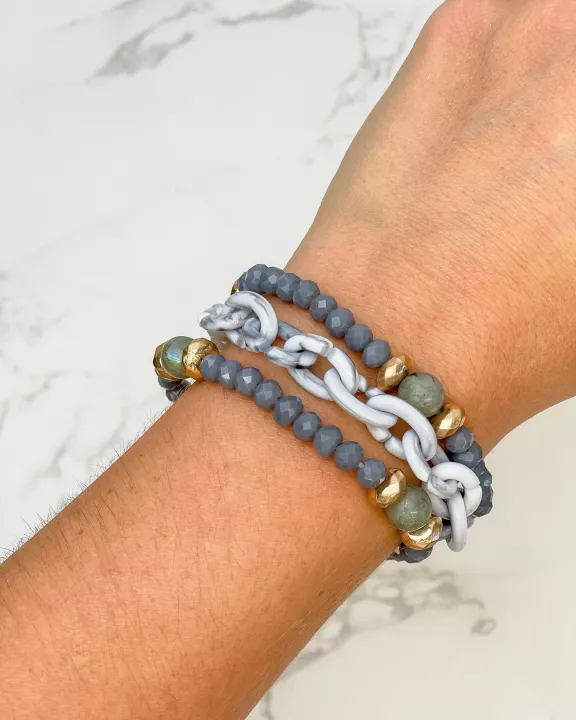 Stone Chain & Glass Bead Stretch Bracelet Sets