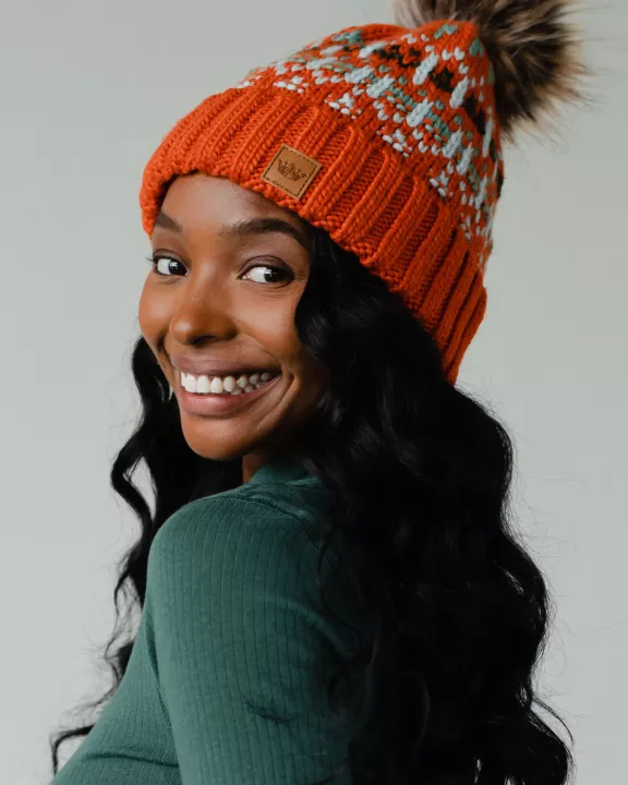 Orange, Lt. Blue, Mint & Olive Patterned Pom Hat