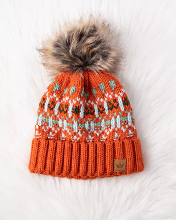 Orange, Lt. Blue, Mint & Olive Patterned Pom Hat