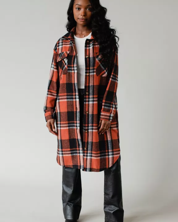 Rust, Black & Cream Plaid Long Flannel