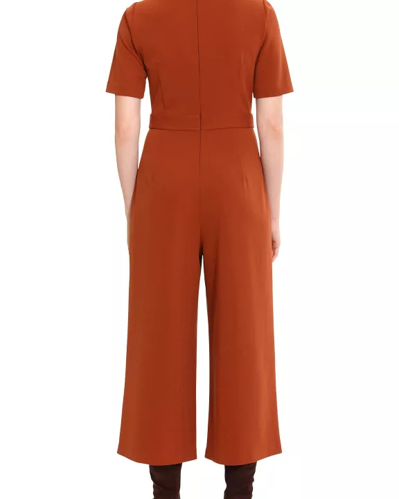 London Times crew neck short sleeve zipper closure straight leg scuba crepe jumpsuit