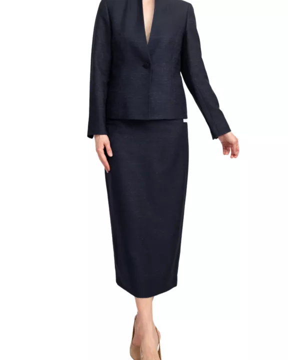 Le Suit Shimmer Tweed One Button No Pocket Jacket and Column Skirt Set
