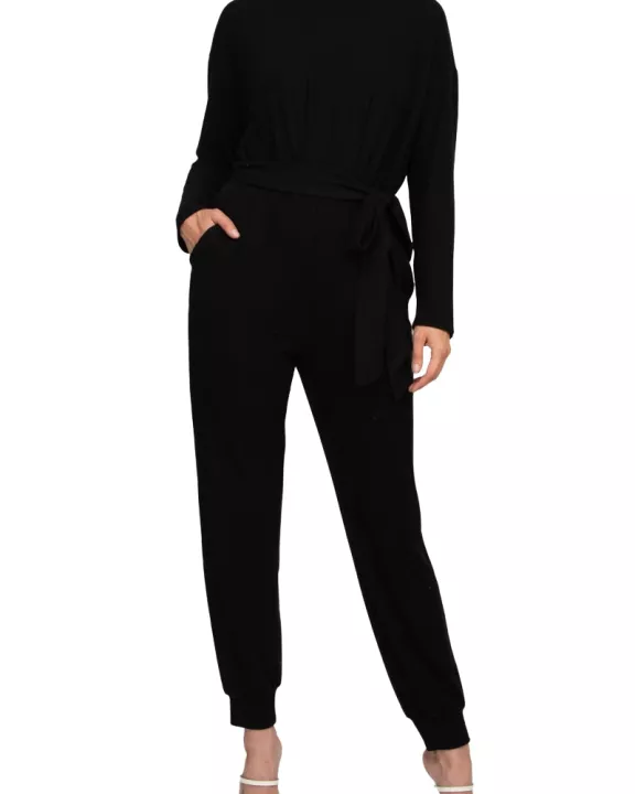 Philosophy Crew Neck Dolman Long Sleeve Tie Waist Elastic Hem Pockets Jersey Knit Jumpsuit