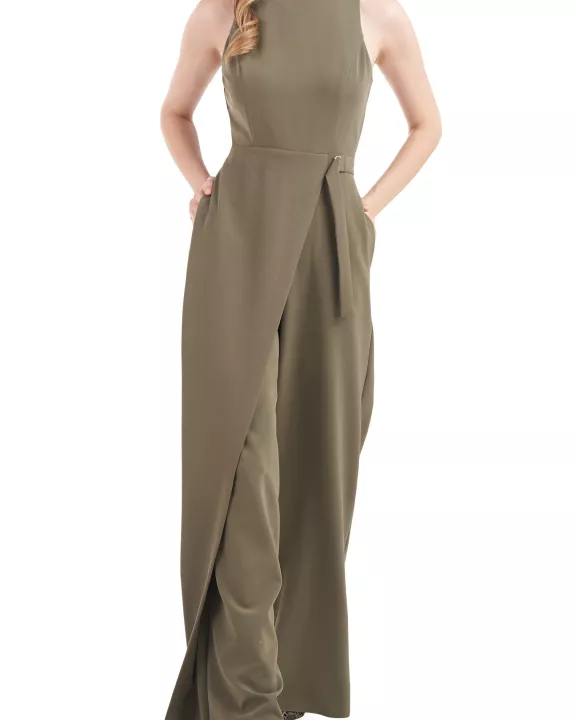 Kay Unger Turtleneck Sleeveless Asymmetrical Belted Overlay Wide Leg Stretch Crepe Jumpsuit