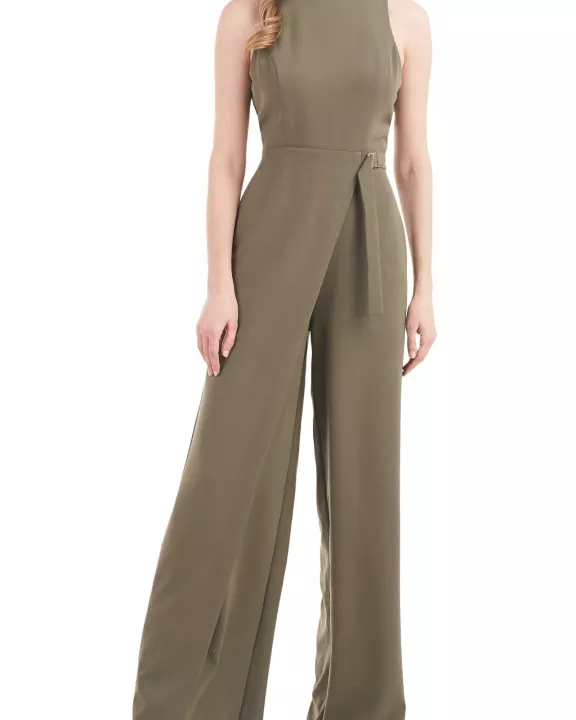 Kay Unger Turtleneck Sleeveless Asymmetrical Belted Overlay Wide Leg Stretch Crepe Jumpsuit