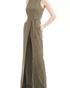 Kay Unger Turtleneck Sleeveless Asymmetrical Belted Overlay Wide Leg Stretch Crepe Jumpsuit
