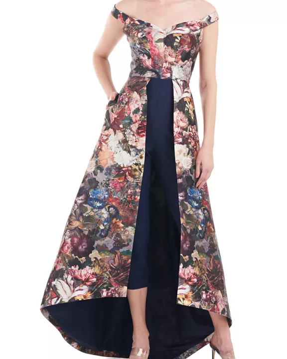 Kay Unger Off Shoulder Sleeveless High Low Hem Mikado Skirt with Stretch Crepe Pant