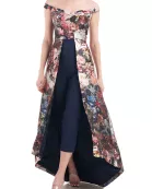 Kay Unger Off Shoulder Sleeveless High Low Hem Mikado Skirt with Stretch Crepe Pant