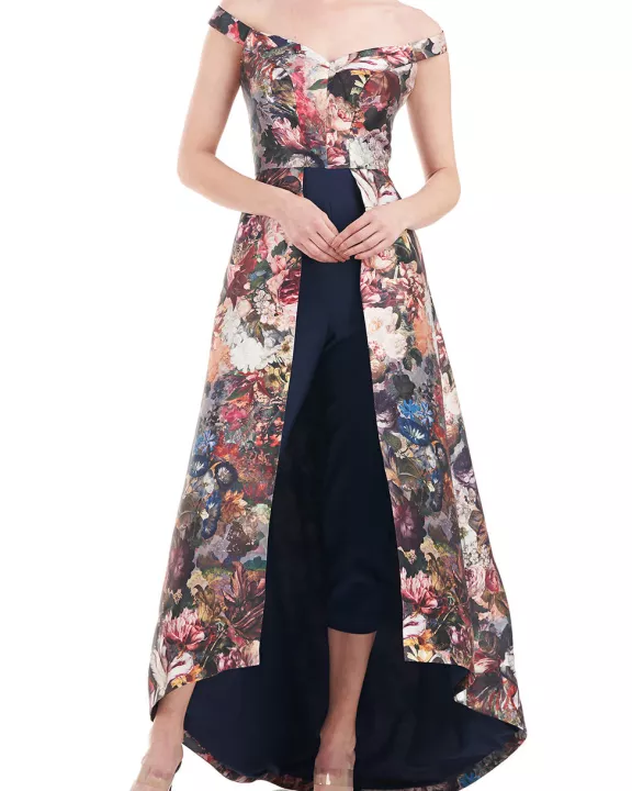 Kay Unger Off Shoulder Sleeveless High Low Hem Mikado Skirt with Stretch Crepe Pant