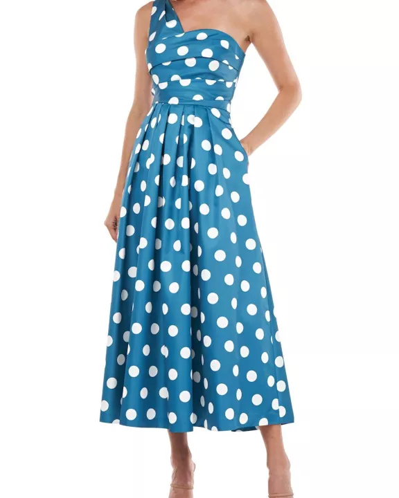 Kay Unger one shoulder sleeveless pleated polka dot print zipper closure A-line mikado dress
