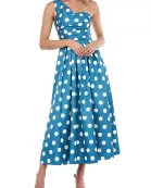 Kay Unger one shoulder sleeveless pleated polka dot print zipper closure A-line mikado dress