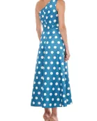 Kay Unger one shoulder sleeveless pleated polka dot print zipper closure A-line mikado dress