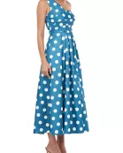 Kay Unger one shoulder sleeveless pleated polka dot print zipper closure A-line mikado dress