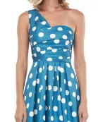 Kay Unger one shoulder sleeveless pleated polka dot print zipper closure A-line mikado dress