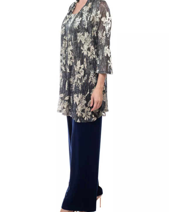 Marina scoop neck sleeveless keyhole back metallic knit bodice solid matte jersey jumpsuit with matching open front jacket