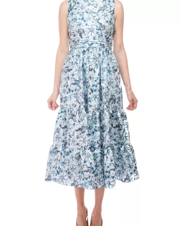 Badgley Mischka bateau neck sleeveless cutout back ruffled hem A-line floral print jacquard dress