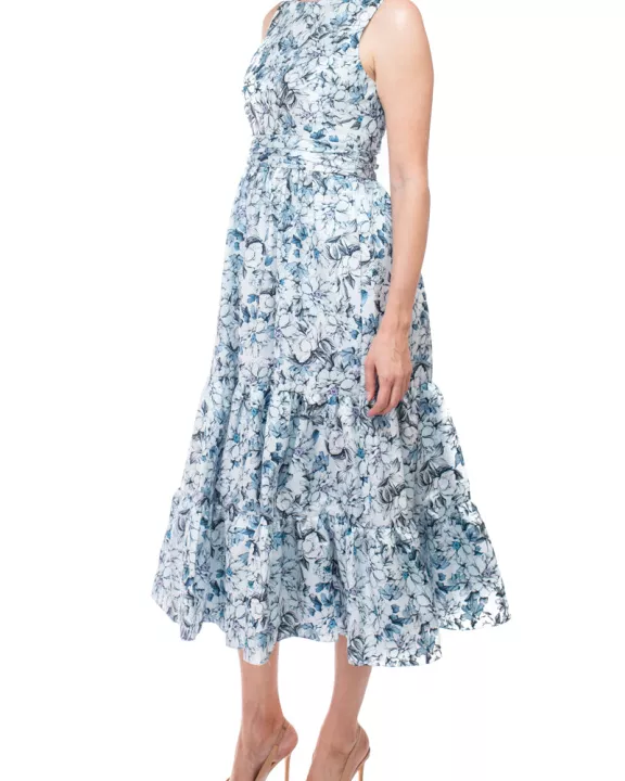 Badgley Mischka bateau neck sleeveless cutout back ruffled hem A-line floral print jacquard dress